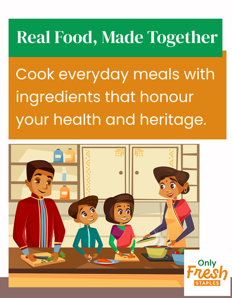 Family cooking together in a kitchen with 'Only Fresh Staples'.