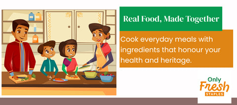 Family cooking together in a kitchen with 'Only Fresh Staples'.